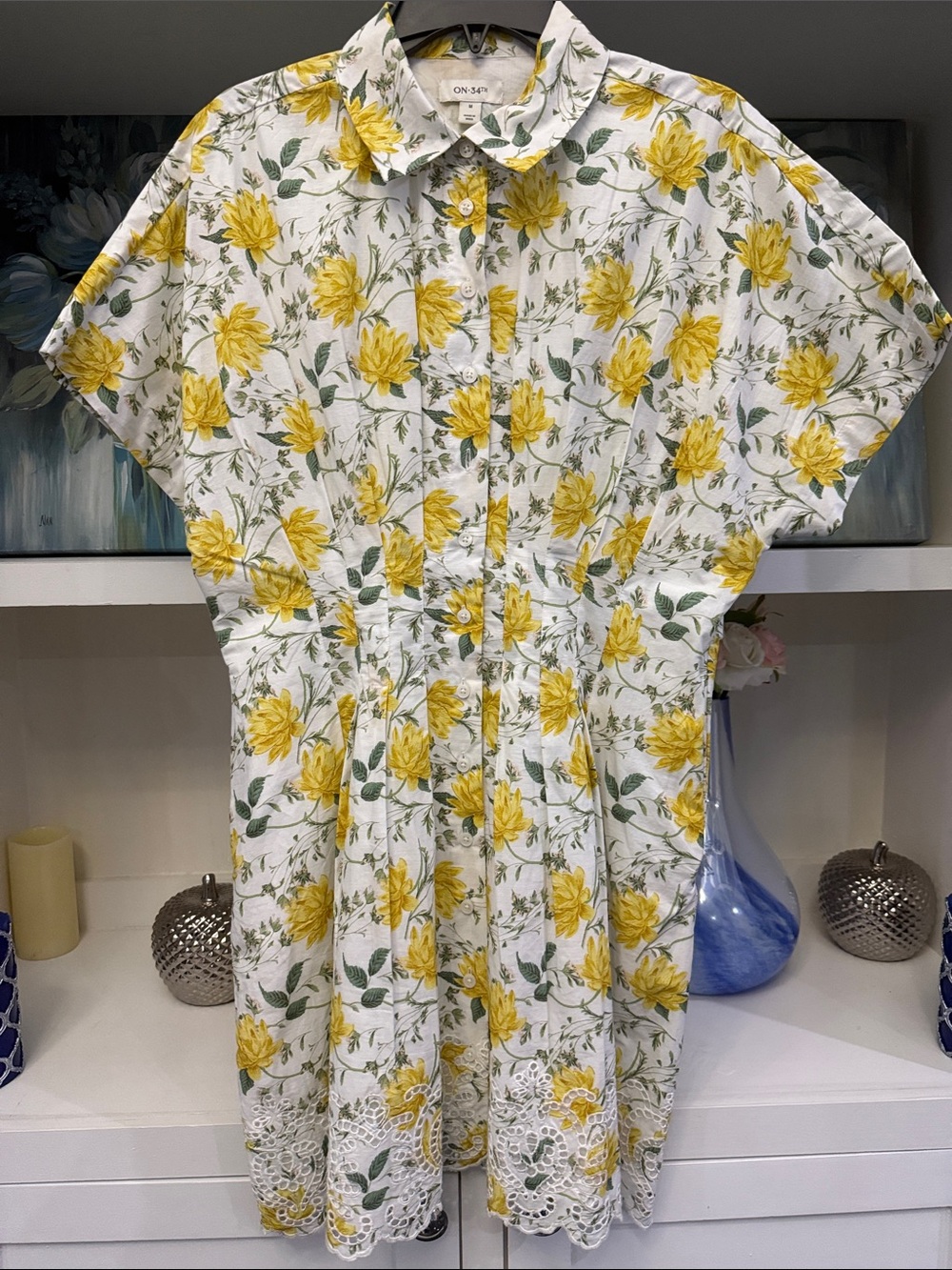 White Floral Button-Up Dress with Yellow Roses